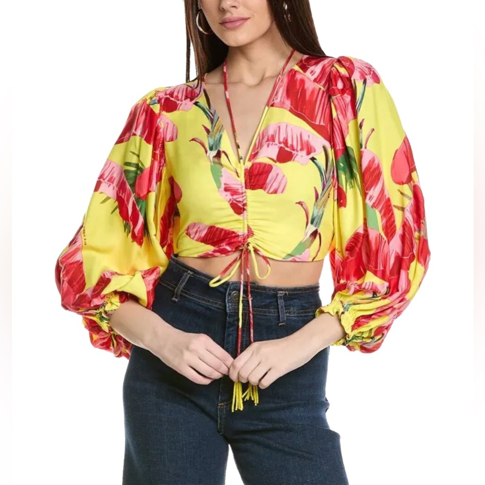 FARM Rio Yellow & Red Floral Cropped Blouson Top